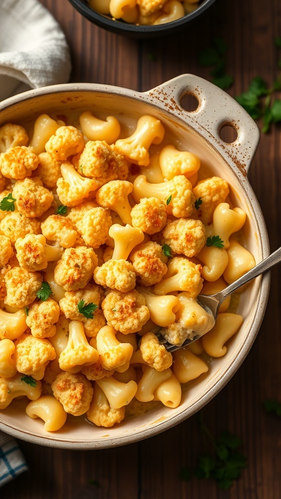 Creamy cauliflower mac & cheese with a golden breadcrumb topping in a rustic dish.